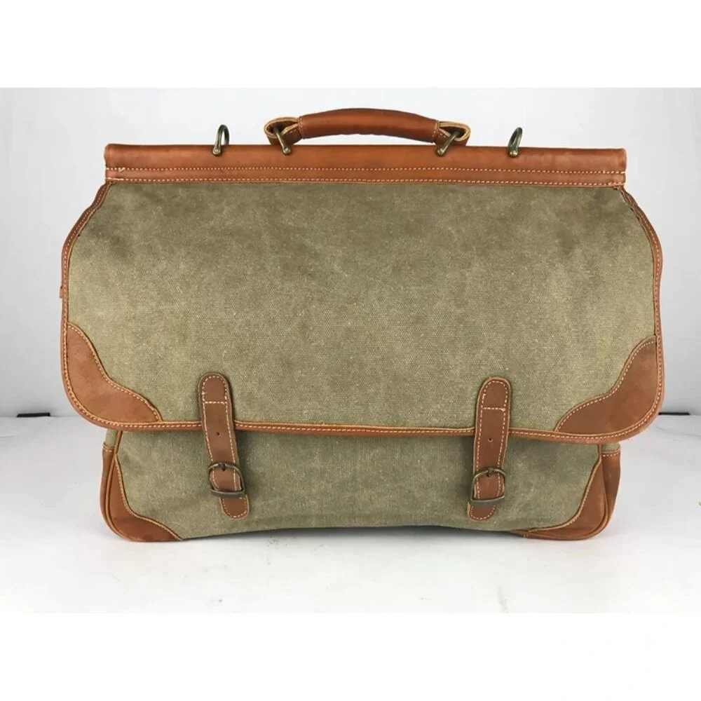Unisex Adults Beige Brown Canvas Inner Zip‎ Pockets Top Handle Messenger Bag